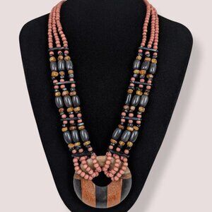 V. 3-Strand Amber & Wood Beaded Pendant Necklace